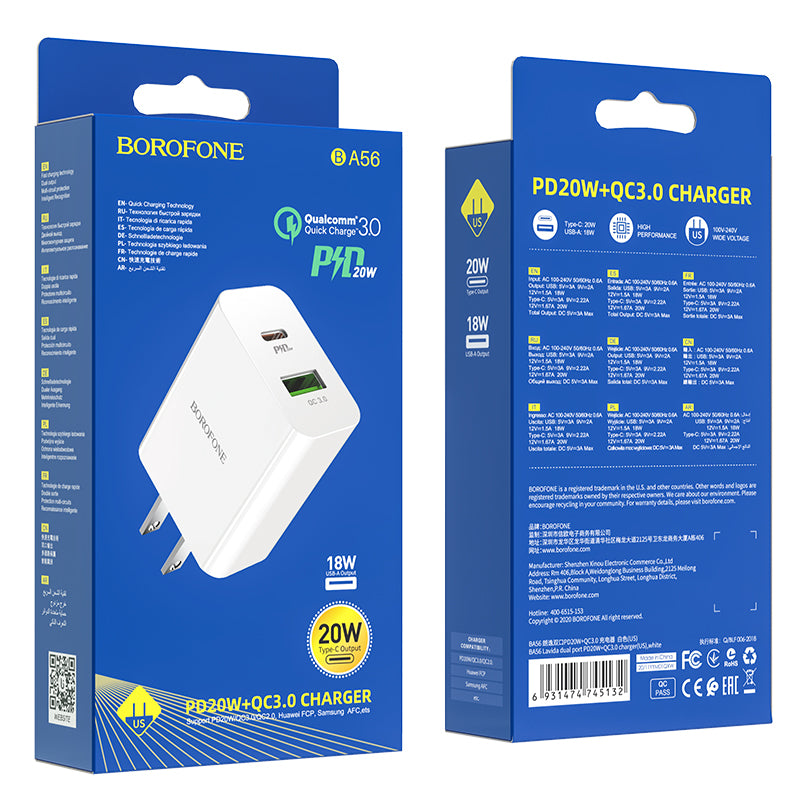 Borofone - BA56 Lavida dual port PD20W+QC3.0 charger(US) - blanco