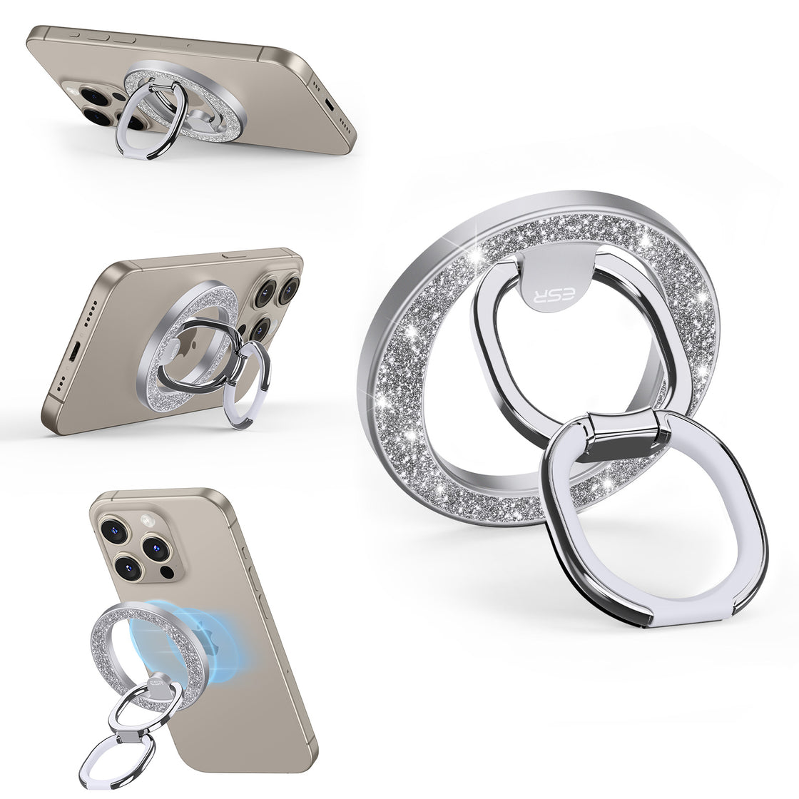 ESR - Soporte magnetico HaloLock Ring Stand - Rhinestone Silver