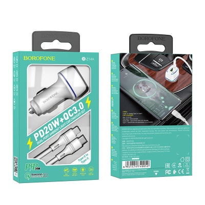 Borofone - BZ14A Mercury dual port PD20W+QC3.0 ambient light car charger set(Type-C to Type-C) - blanco