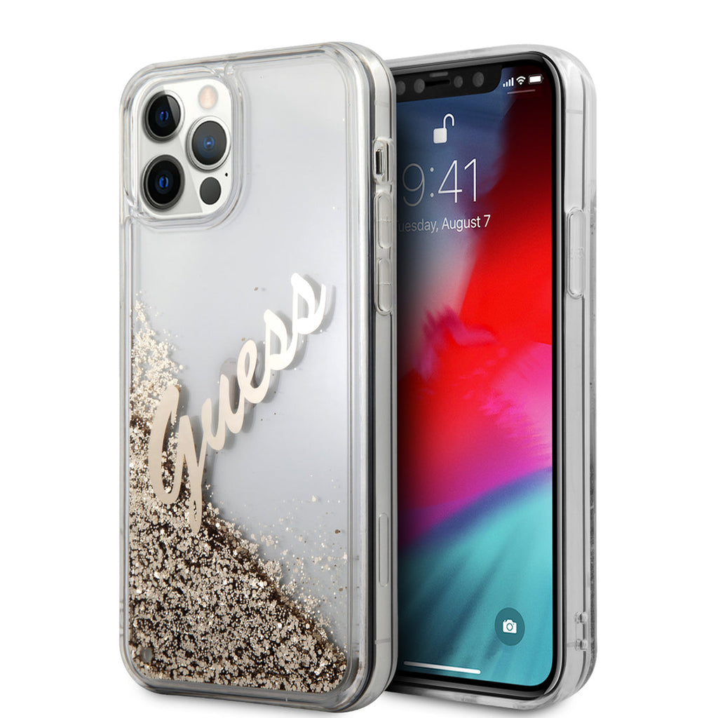 Guess - iPhone 12 Pro Max - Carcasa HC LIQ GLITTER SCRIPT VINTAGE - GOLD