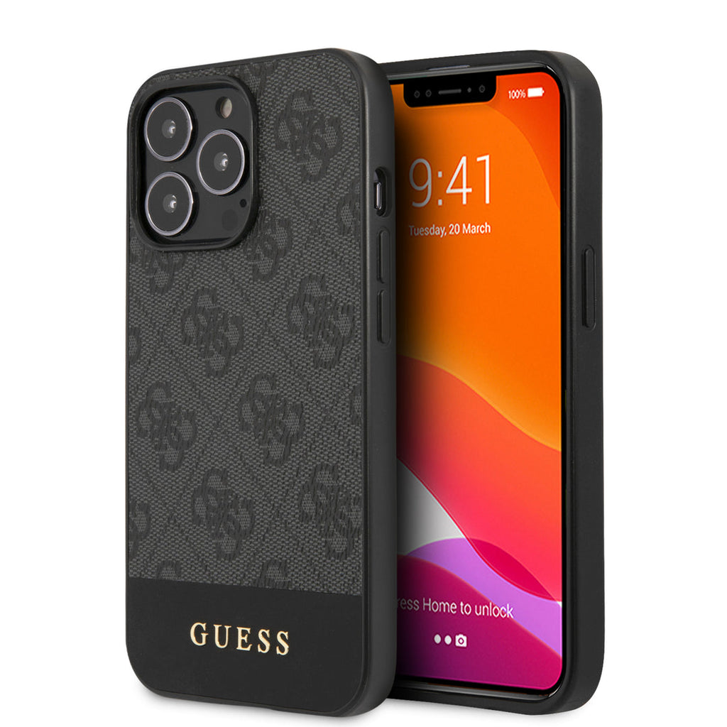 Guess - iPhone 12/12 Pro - Carcasa PC/TPU 4G PU Leather With Bottom Stripe Metal Logo - Grey