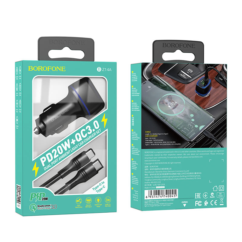 Borofone - BZ14A Mercury dual port PD20W+QC3.0 ambient light car charger set(Type-C to Type-C) - negro