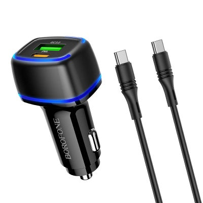 Borofone - BZ14A Mercury dual port PD20W+QC3.0 ambient light car charger set(Type-C to Type-C) - negro