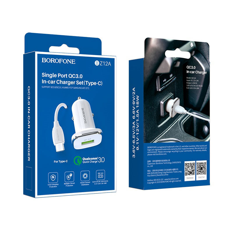 Borofone - BZ12A Lasting power single port QC3.0 in-car charger set(Type-C)