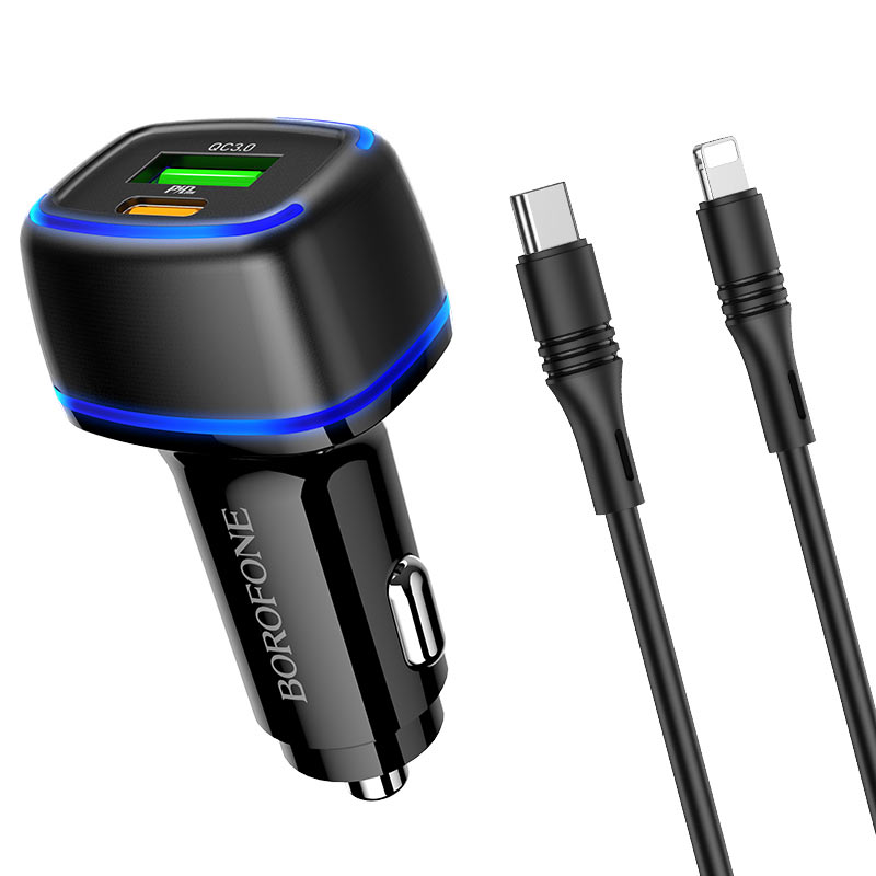 Borofone - BZ14A Mercury dual port PD20W+QC3.0 ambient light car charger set(Type-C to iP) - Negro
