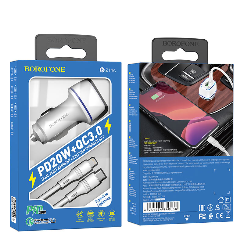 Borofone - BZ14A Mercury dual port PD20W+QC3.0 ambient light car charger set(Type-C to iP) - Blanco