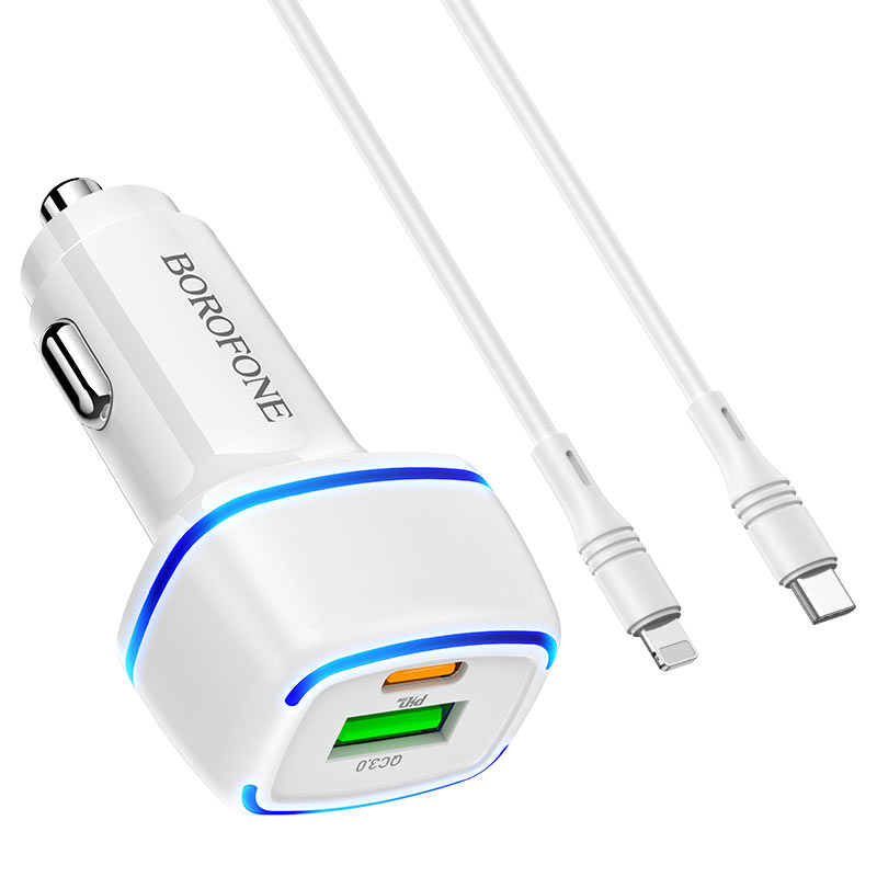 Borofone - BZ14A Mercury dual port PD20W+QC3.0 ambient light car charger set(Type-C to iP) - Blanco