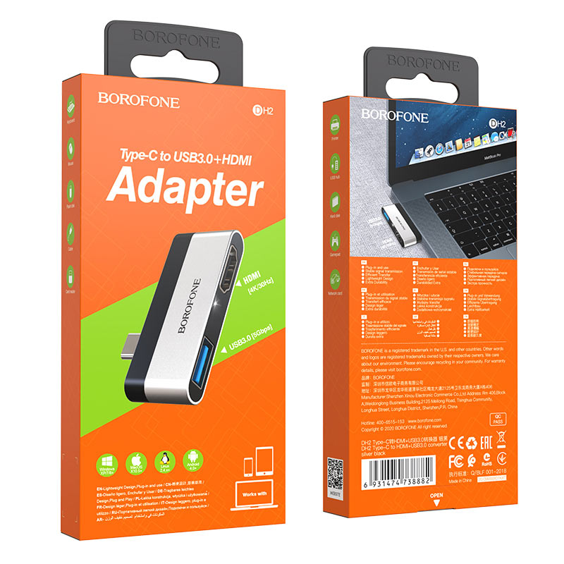 Borofone - DH2 Type-C to HDMI+USB3.0 adapter - gris negro