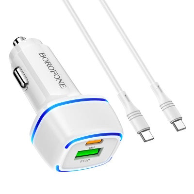Borofone - BZ14A Mercury dual port PD20W+QC3.0 ambient light car charger set(Type-C to Type-C) - blanco