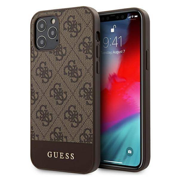 Guess - iPhone 12/12 Pro - Carcasa PC/TPU 4G PU Leather With Bottom Stripe Metal Logo - Brown