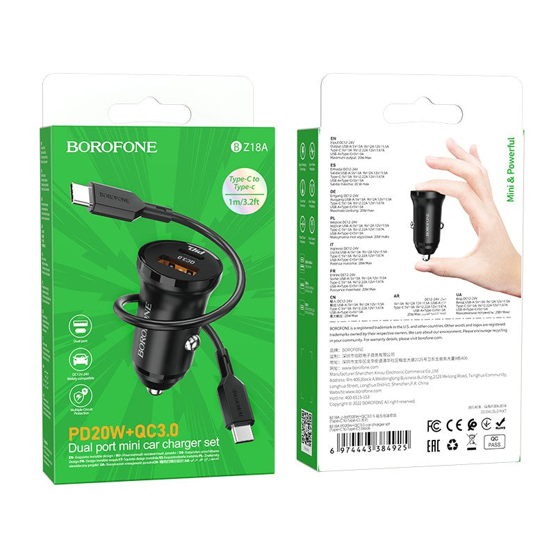 Borofone - BZ18A PD20W+QC3.0 car charger set(Type-C to Type-C) - negro
