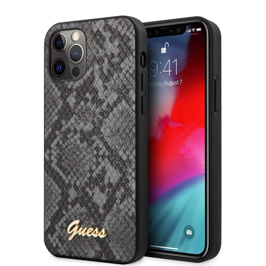 Guess - iPhone 12/12 Pro - Carcasa PU Leather Lizard Pattern Hard Case With Metal Logo - Black